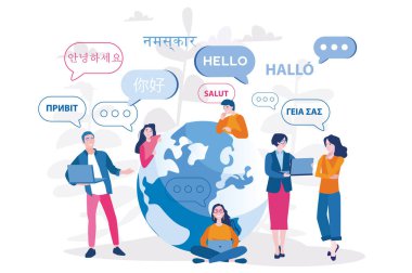 Young people chatting in foreign languages. Vector illustration for web banner, infographics, mobile. Male and female cartoon characters speaking different languages. clipart