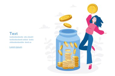 Glass jar with coins. Happy woman saving money. Vector illustration for web banner, infographics, mobile. Business woman inserting cash into glass jar. clipart
