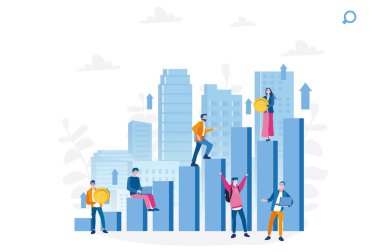Çalışan ya da memur büyük şehirde yükselen diyagram ya da merdivenlerde yürüyor. Web afişi, bilgi grafikleri, cep telefonu için vektör illüstrasyonu. Büyüme için kariyer veya iş olanakları