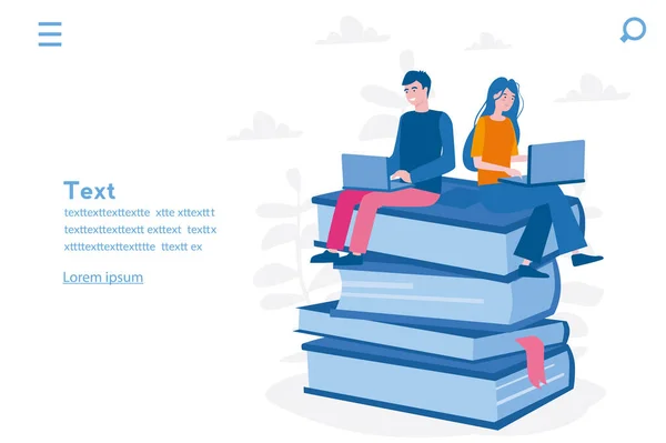 Online learning, online books. Students woman and man reading, learning and sitting on big books. Vector illustration for web banner, infographics, mobile.