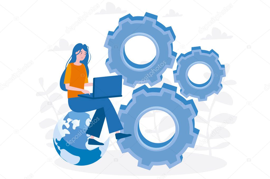 Business woman building mechanism. Vector illustration for web banner, infographics, mobile. Business process concept. Development, optimization. 