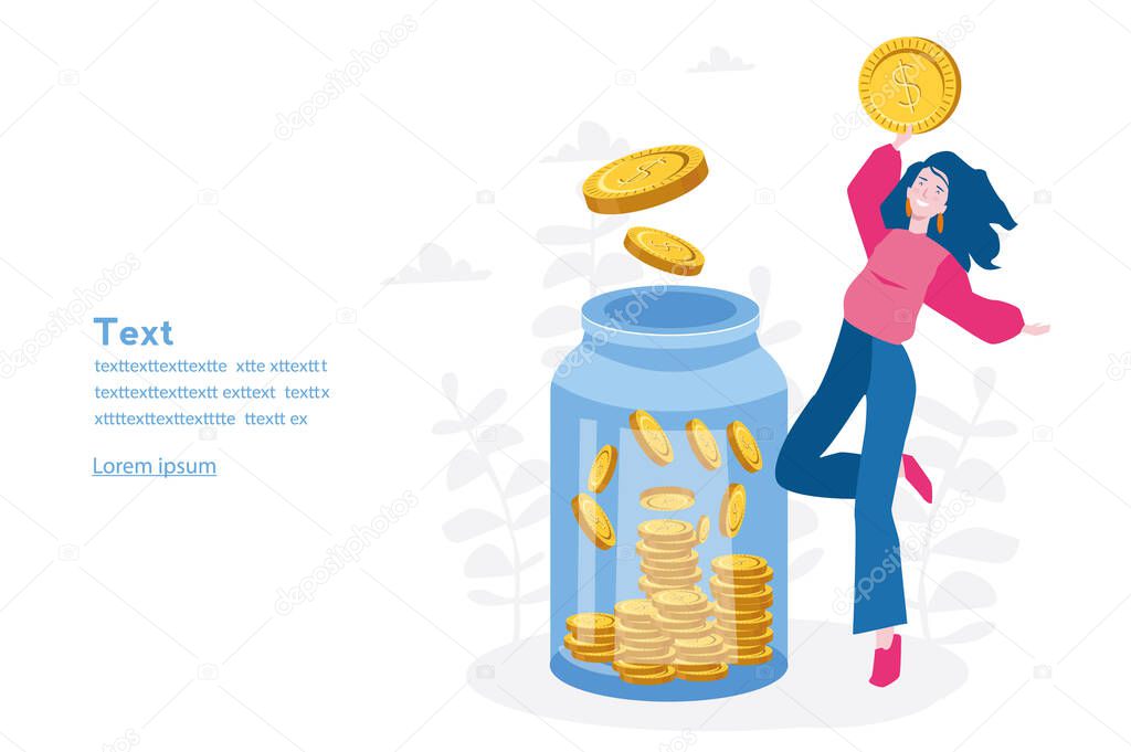 Glass jar with coins. Happy woman saving money. Vector illustration for web banner, infographics, mobile. Business woman inserting cash into glass jar.