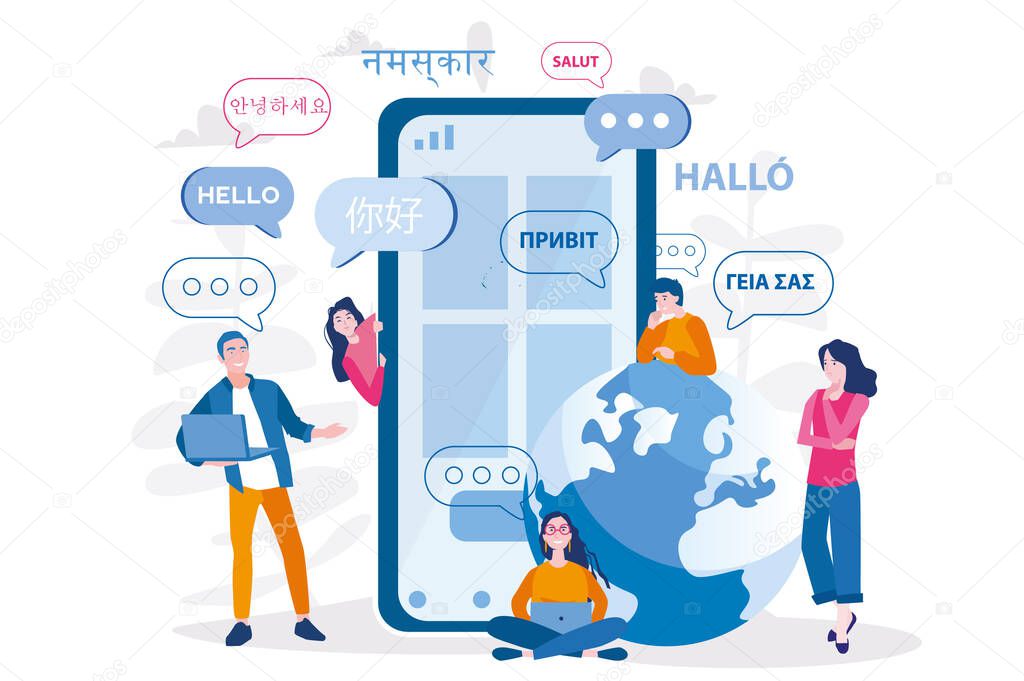 Mobile translator, online dictionary,  Vector illustration for web banner, infographics, mobile. 