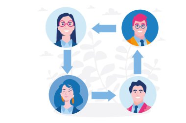 Dört kişi ok ve çizgi film vektör illüstrasyonunu kullanır