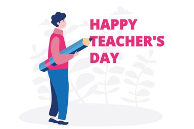 Çizgi filmci elinde kocaman bir kalem, mutlu öğretmenler günü kartı tutuyor.