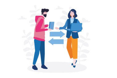 Kitabı olan bir adam ve dizüstü bilgisayarı olan bir kadın, çizgi film çizimi.