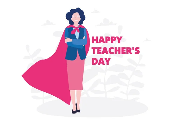 Woman Formal Wear Cloak Happy Teachers Day Lettering Cartoon Vector — Stock Vector