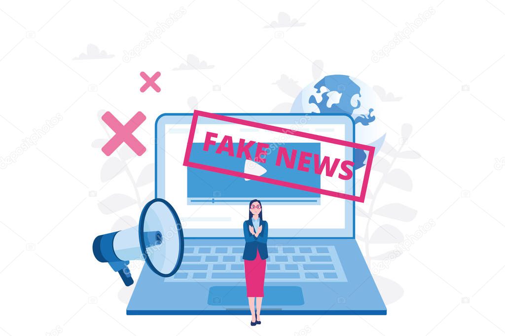 woman on large laptop with fake news lettering, cartoon vector illustration