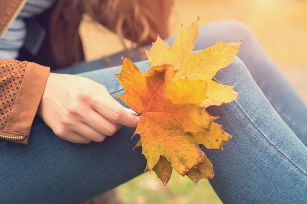 Feuilles d'automne colorées dans la main de la femme — Photo