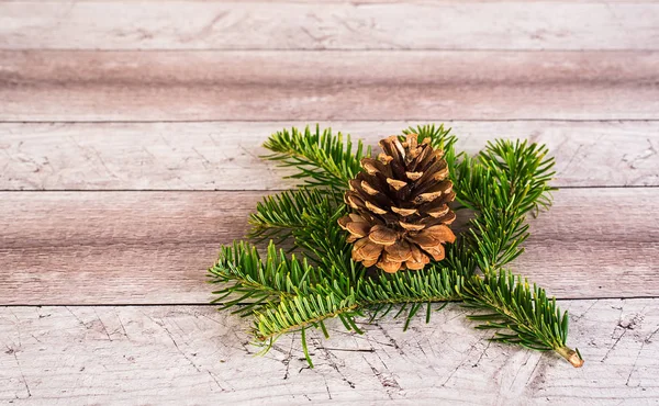 Pine branch and cone on a wooden background — Stock Photo, Image