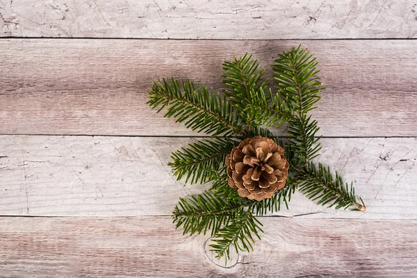 Pine branch and cone on a wooden background — Stock Photo, Image