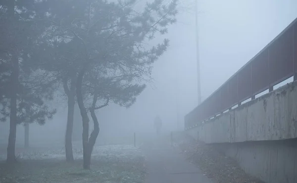 Hombre caminando en la calle un día de niebla —  Fotos de Stock