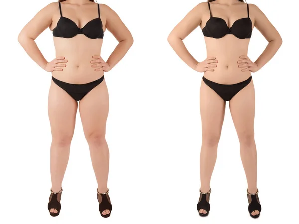 Woman's body before and after weightloss on white background — Stock Photo, Image