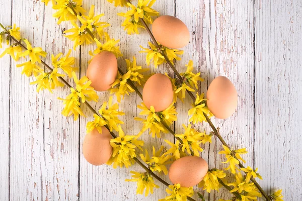 Belleza forsythia rama con huevos sobre fondo de madera blanca —  Fotos de Stock