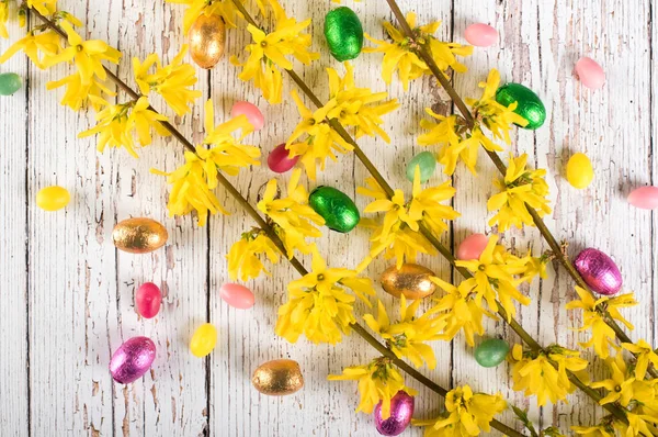 Belle branche forsythia avec des œufs sur fond de bois blanc — Photo