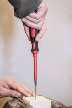 İşçi ahşap İşlenecek parçanın içine bir vida vidalama