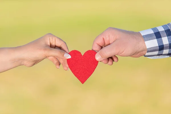 Red heart shape in woman and man hands — Stock Photo, Image