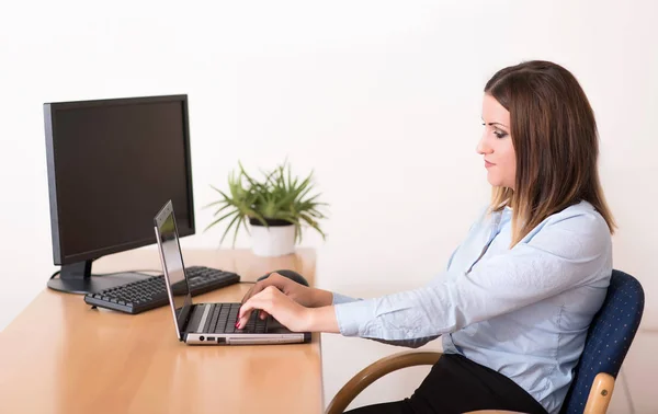 Ofiste dizüstü bilgisayar üzerinde çalışan sevimli kadın — Stok fotoğraf