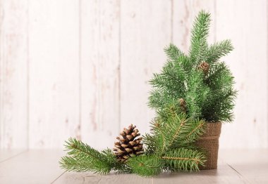 Çam dal ve ahşap arka plan üzerinde koni