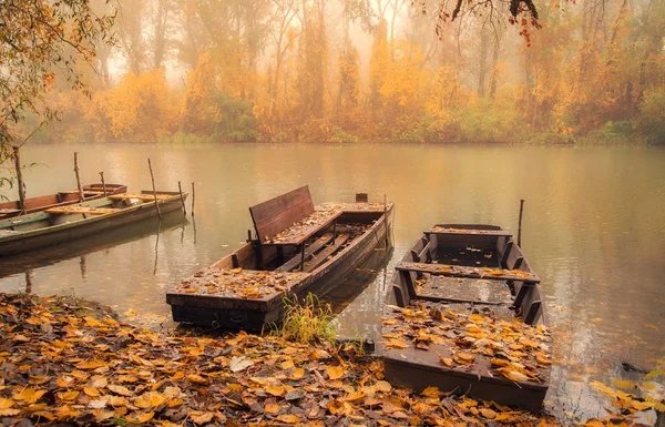 Яркое цветное фото лодок на реке — стоковое фото