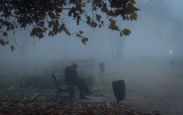 Un viejo vagabundo sentado en el parque un día de niebla —  Fotos de Stock