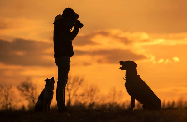 Eigenaar neemt een foto van zijn hond in de natuur — Stockfoto