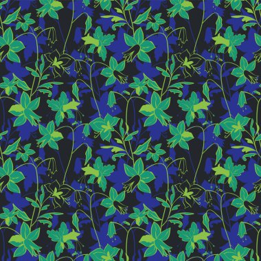 Soyut yaprakları ve çiçekleri olan dikişsiz bir desen..
