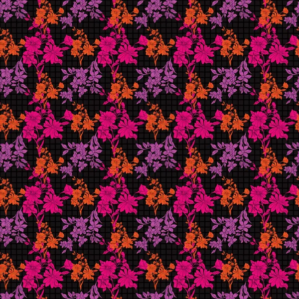 Soyut yaprakları ve çiçekleri olan dikişsiz bir desen..