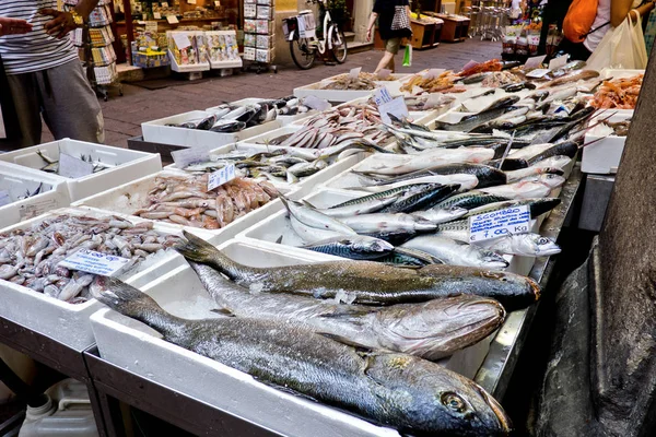 Stand di pesce al mercato all'aperto nel centro storico di mortadella Foto Stock