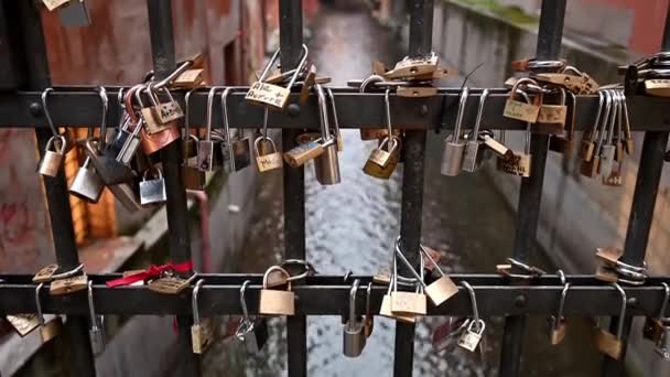 BOLOGNA, ITALY-JANUARY 31, 2020: padlocks hanging on the gate on the Moline canal in the historic center of Bologna — 비디오