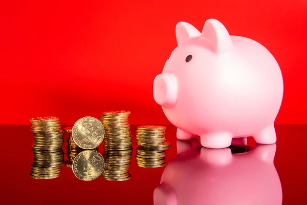 piggy bank with coin on red background -Saving Concept.