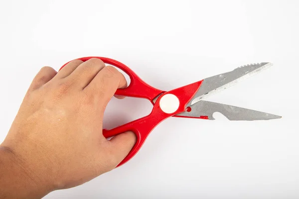 Man Hand Scissors Red Plastic Handles White Background — Stock Photo, Image
