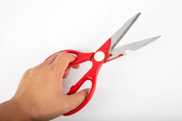 Man Hand Scissors Red Plastic Handles White Background — Stock Photo, Image