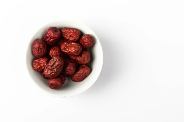 Bowl Chinese Dried Red Date Fruit White Background — Stock Photo, Image