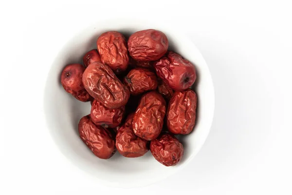 Bowl Chinese Dried Red Date Fruit White Background — Stock Photo, Image