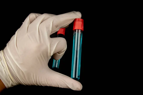 Hand Medical Glove Holding Medical Test Tube Blue Liquid White — Stock Photo, Image