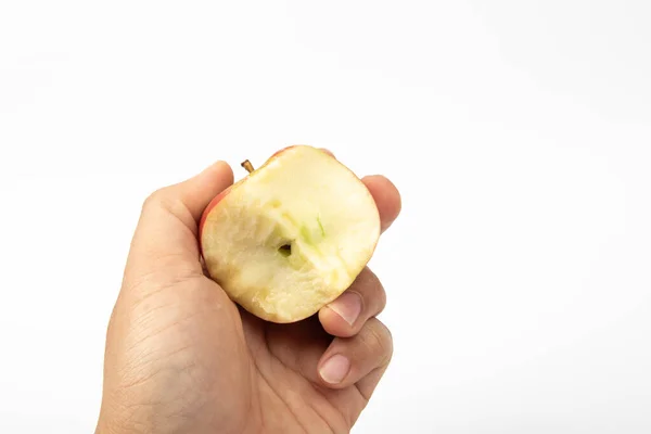 Man Hand Bite Fresh Apple Isolate White Background — Stock Photo, Image