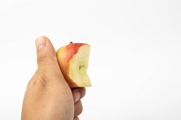 Mano Hombre Con Bocado Manzana Fresca Aislada Sobre Fondo Blanco — Foto de Stock