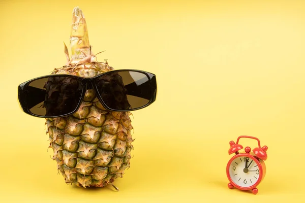 Ananas Bär Solglasögon Gul Bakgrund — Stockfoto