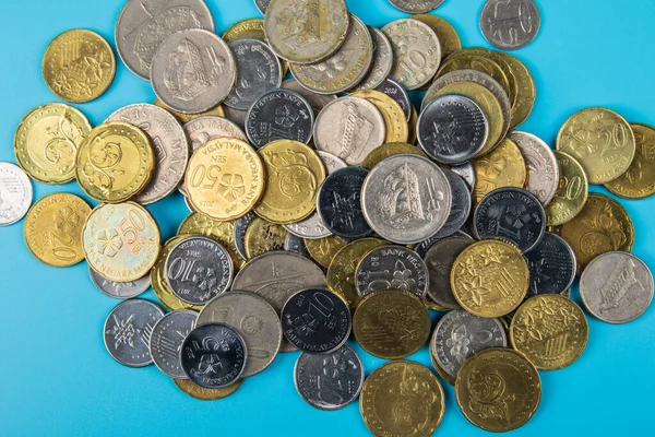 Malesia Valuta Monete Malesi Sfondo Blu Concetto Finanziario — Foto Stock