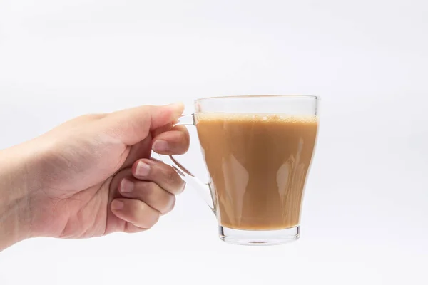 Man Hand Met Een Glas Koffie Witte Achtergrond — Stockfoto