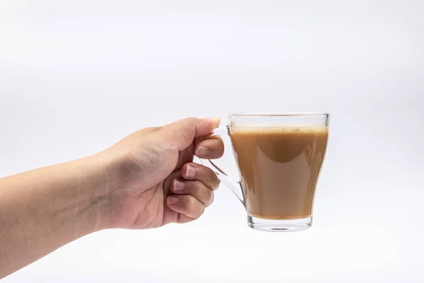 Mann Hand Mit Einem Glas Kaffee Auf Weißem Hintergrund — Stockfoto