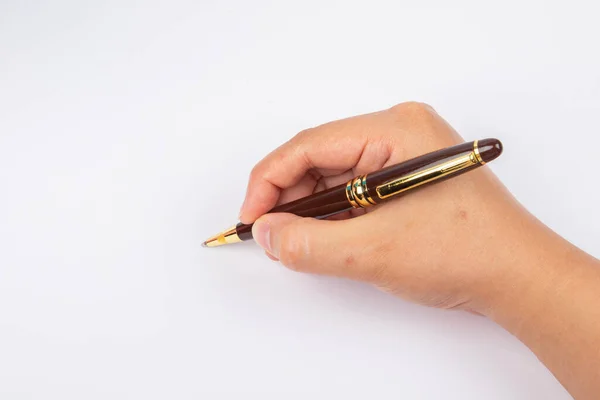Lady Hand Houden Van Een Pen Witte Achtergrond — Stockfoto
