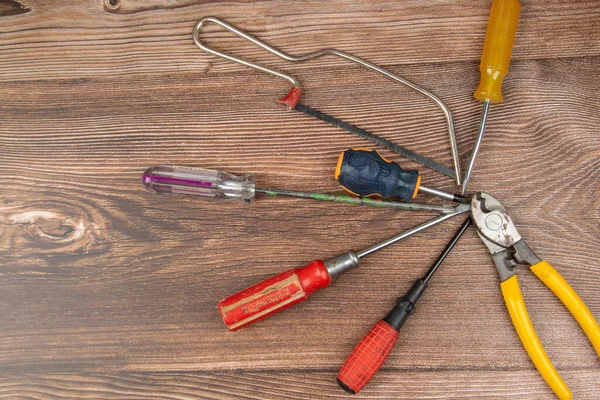 Veel Gereedschap Houten Ondergrond — Stockfoto