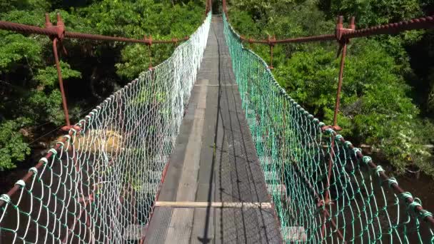 ネイチャーアウトドアシーンで吊り橋の上を歩いている映像 — ストック動画