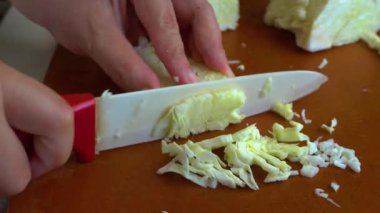 Yerel hayat tarzı ev hanımı salata yapmak için sebze doğruyor lahana doğruyor..