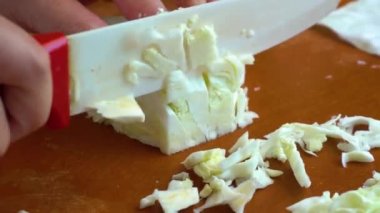 Yerel hayat tarzı ev hanımı salata yapmak için sebze doğruyor lahana doğruyor..