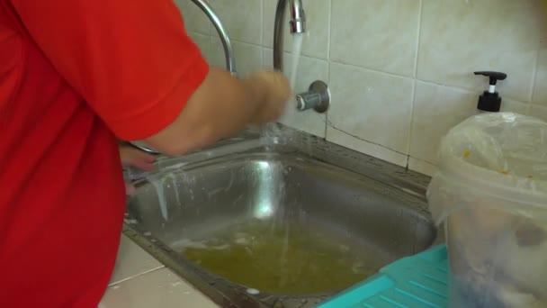 Man Hand Doing House Work Washing Dishes Hand Sink — Stock Video