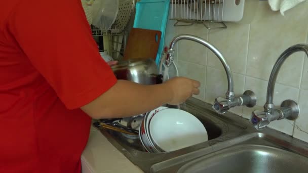 Mão Homem Fazendo Trabalho Casa Lavando Pratos Mão Uma Pia — Vídeo de Stock