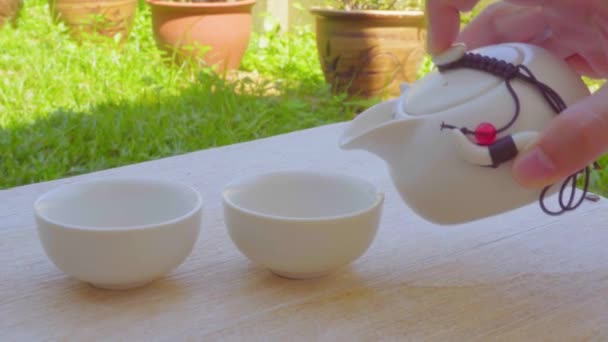 Chinese Lady Hand Pouring Chinese Tea Ceremony Puerh Tea — Stock Video